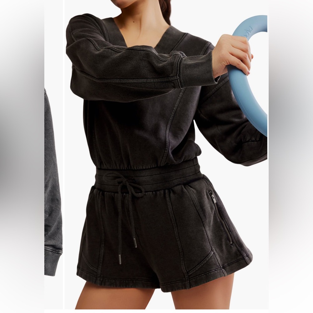 Free People Black Washed Romper with Drawstring Waist - Picture 3 of 12
